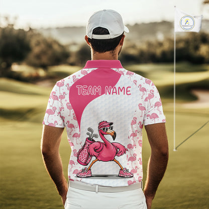 Funny Pink Flamingo Mens Golf Polo Shirt Custom Pink And White Golf Shirt For Team NHT545