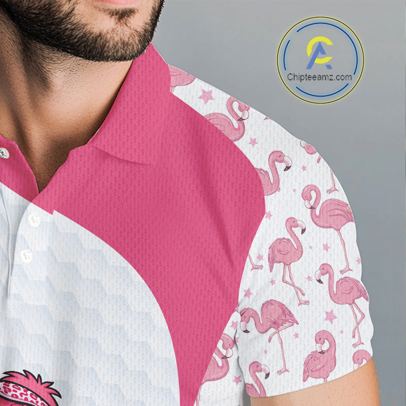 Funny Pink Flamingo Mens Golf Polo Shirt Custom Pink And White Golf Shirt For Team NHT545