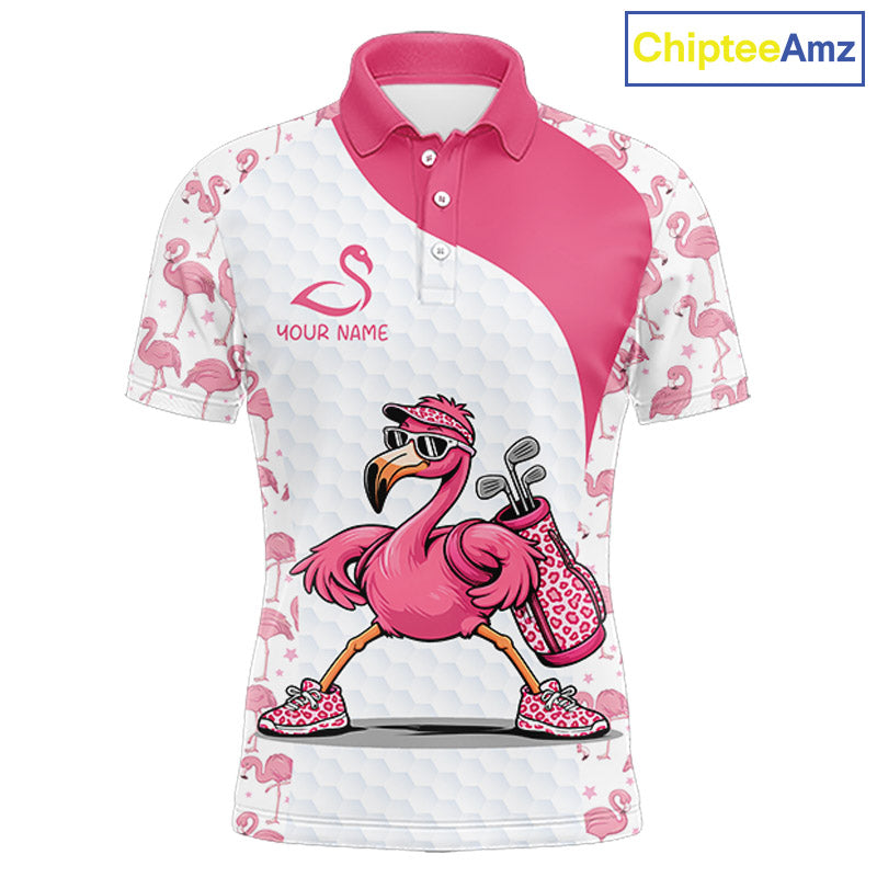 Funny Pink Flamingo Mens Golf Polo Shirt Custom Pink And White Golf Shirt For Team NHT545