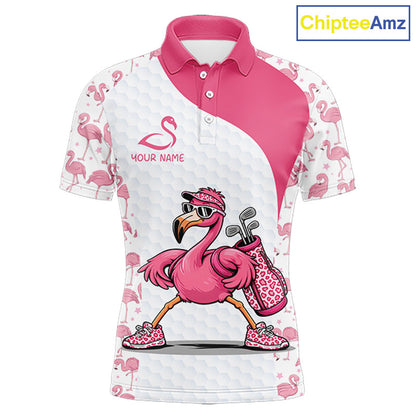 Funny Pink Flamingo Mens Golf Polo Shirt Custom Pink And White Golf Shirt For Team NHT545