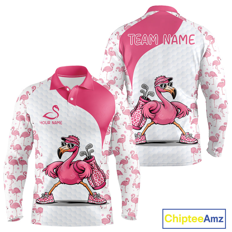 Funny Pink Flamingo Mens Golf Polo Shirt Custom Pink And White Golf Shirt For Team NHT545