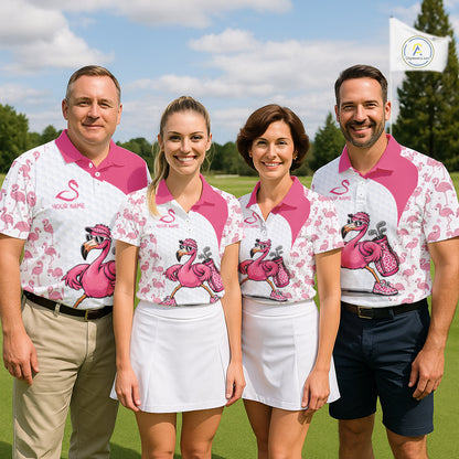 Funny Pink Flamingo Mens Golf Polo Shirt Custom Pink And White Golf Shirt For Team NHT545