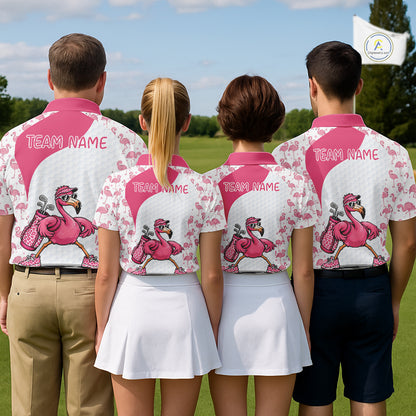 Funny Pink Flamingo Mens Golf Polo Shirt Custom Pink And White Golf Shirt For Team NHT545