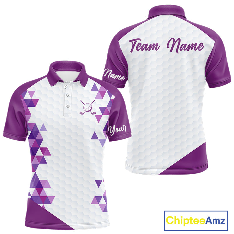 Custom Purple Geometric Mens Golf Polo Shirt, Personalized Team Name Golf Polo Shirt NHT554