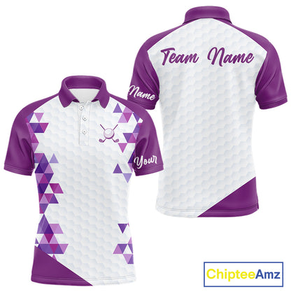 Custom Purple Geometric Mens Golf Polo Shirt, Personalized Team Name Golf Polo Shirt NHT554