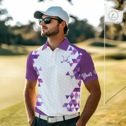 Custom Purple Geometric Mens Golf Polo Shirt, Personalized Team Name Golf Polo Shirt NHT554