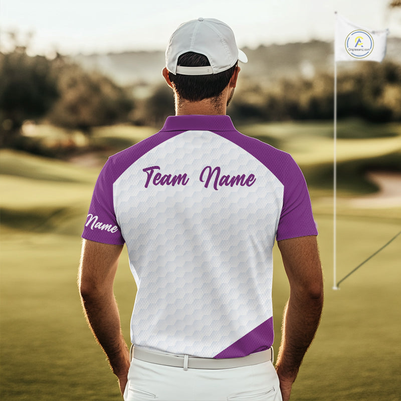 Custom Purple Geometric Mens Golf Polo Shirt, Personalized Team Name Golf Polo Shirt NHT554