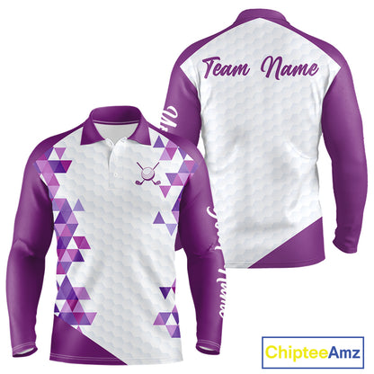 Custom Purple Geometric Mens Golf Polo Shirt, Personalized Team Name Golf Polo Shirt NHT554