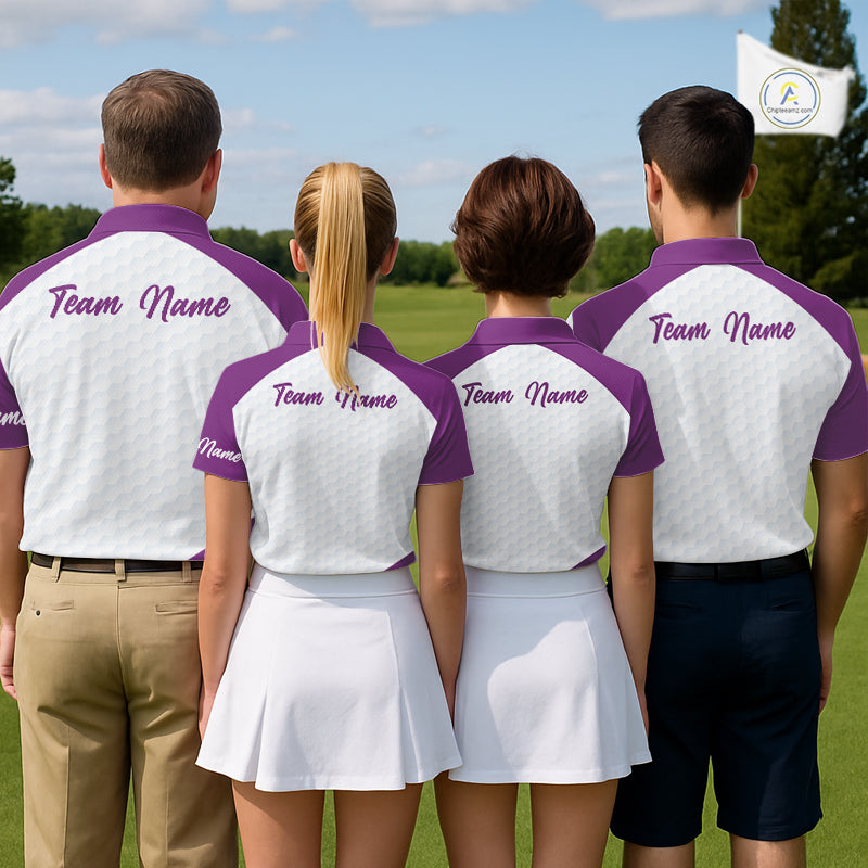 Custom Purple Geometric Mens Golf Polo Shirt, Personalized Team Name Golf Polo Shirt NHT554