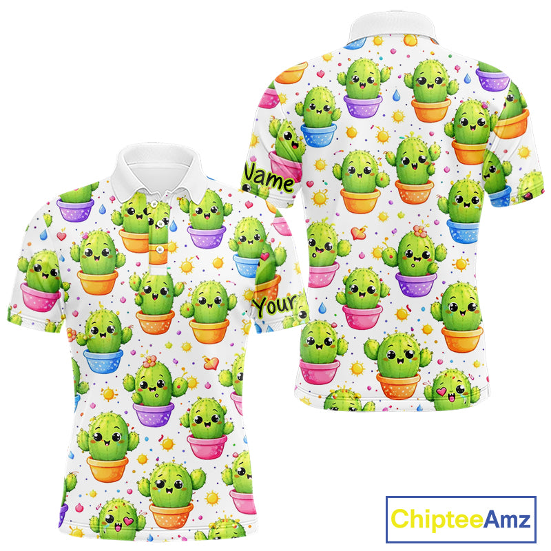 Funny Cactus Flower Pattern Golf Polo, Cute Cartoon Plant Shirt Personalized, Colorful Succulent Shirt NHT556
