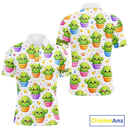 Funny Cactus Flower Pattern Golf Polo, Cute Cartoon Plant Shirt Personalized, Colorful Succulent Shirt NHT556