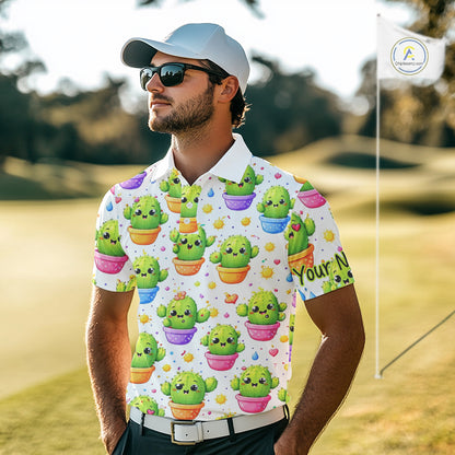Funny Cactus Flower Pattern Golf Polo, Cute Cartoon Plant Shirt Personalized, Colorful Succulent Shirt NHT556