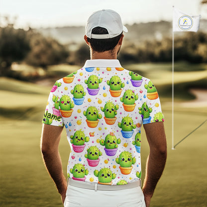 Funny Cactus Flower Pattern Golf Polo, Cute Cartoon Plant Shirt Personalized, Colorful Succulent Shirt NHT556