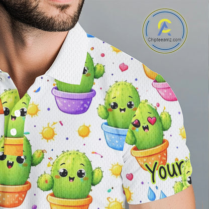 Funny Cactus Flower Pattern Golf Polo, Cute Cartoon Plant Shirt Personalized, Colorful Succulent Shirt NHT556