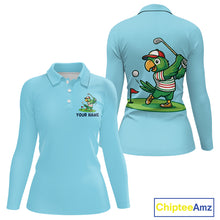 Load image into Gallery viewer, Personalized Womens Golf Polo Shirt Custom Name Funny Green Parrot Design|Blue 