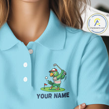 Load image into Gallery viewer, Personalized Womens Golf Polo Shirt Custom Name Funny Green Parrot Design|Blue 