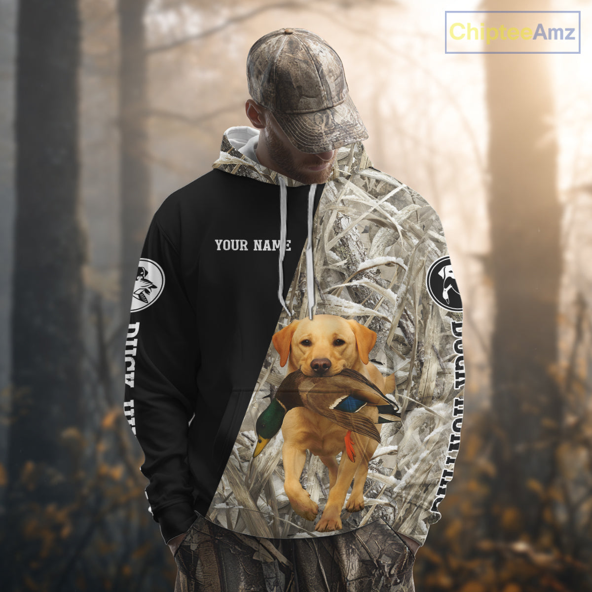 Yellow Lab Duck Hunting Shirt, Custom Name 3D Black Camo Winter Waterfowl Hunting Gear NHT233