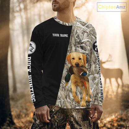 Yellow Lab Duck Hunting Shirt, Custom Name 3D Black Camo Winter Waterfowl Hunting Gear NHT233