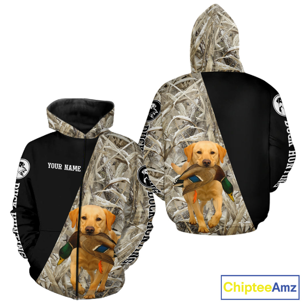 Yellow Lab Duck Hunting Shirt, Custom Name 3D Black Camo Winter Waterfowl Hunting Gear NHT233