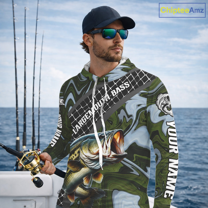 Largemouth Bass Hooded Fishing Shirt Long Sleeve Abstract Green Camo Performance Jersey For Men NHT922