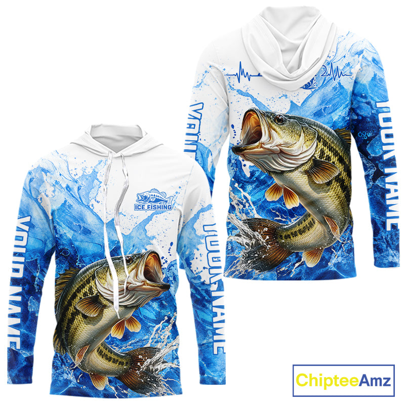 Bass Fishing Shirts Hooded, Ice Fishing Long Sleeve Shirt For Men, Largemouth Bass Fishing Apparel NHT1383