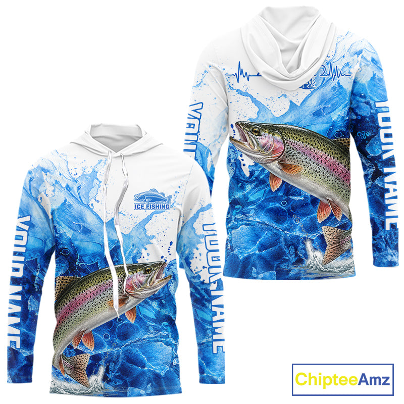 Rainbow Trout Fishing Shirts Hooded, Ice Fishing Long Sleeve Shirt For Men, Rainbow Trout Fishing Apparel NHT1386