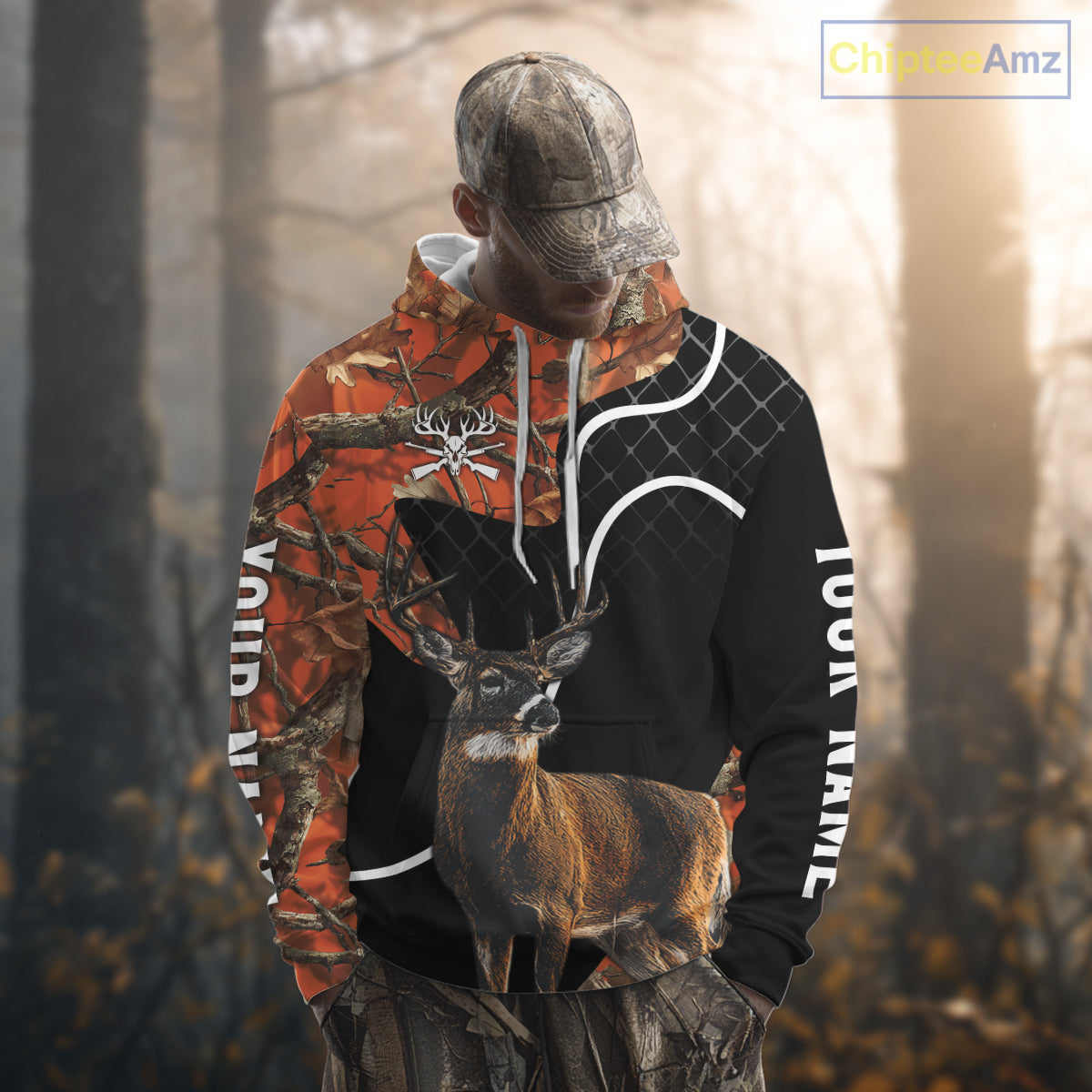 Personalized Whitetail Deer Hunting 3D All Over Printed Hoodie Orange Camo NHT369