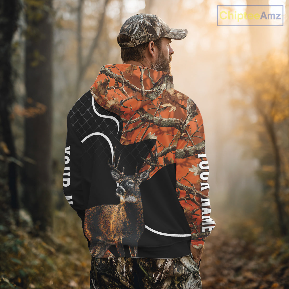 Personalized Whitetail Deer Hunting 3D All Over Printed Hoodie Orange Camo NHT369