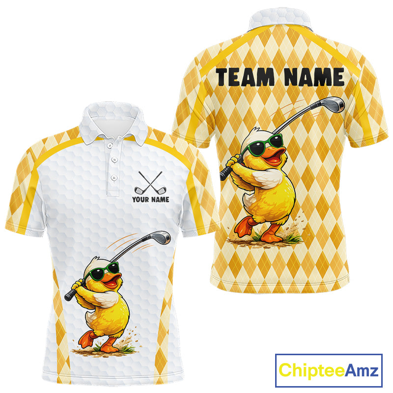 Custom Yellow & White Funny Duck Golf Shirt For Mens, Golf Jersey Argyle Pattern For Mens NHT559