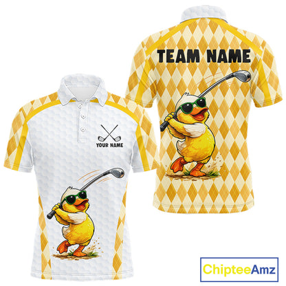 Custom Yellow & White Funny Duck Golf Shirt For Mens, Golf Jersey Argyle Pattern For Mens NHT559