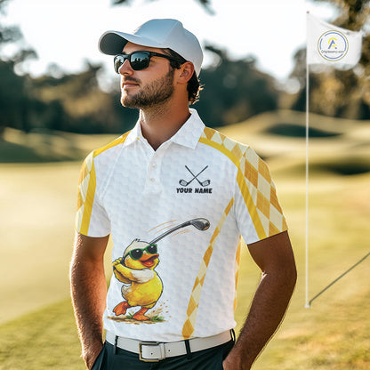 Custom Yellow & White Funny Duck Golf Shirt For Mens, Golf Jersey Argyle Pattern For Mens NHT559