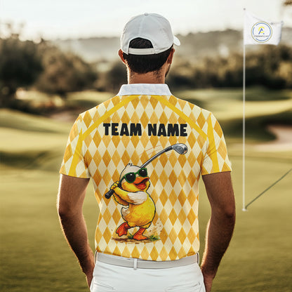 Custom Yellow & White Funny Duck Golf Shirt For Mens, Golf Jersey Argyle Pattern For Mens NHT559