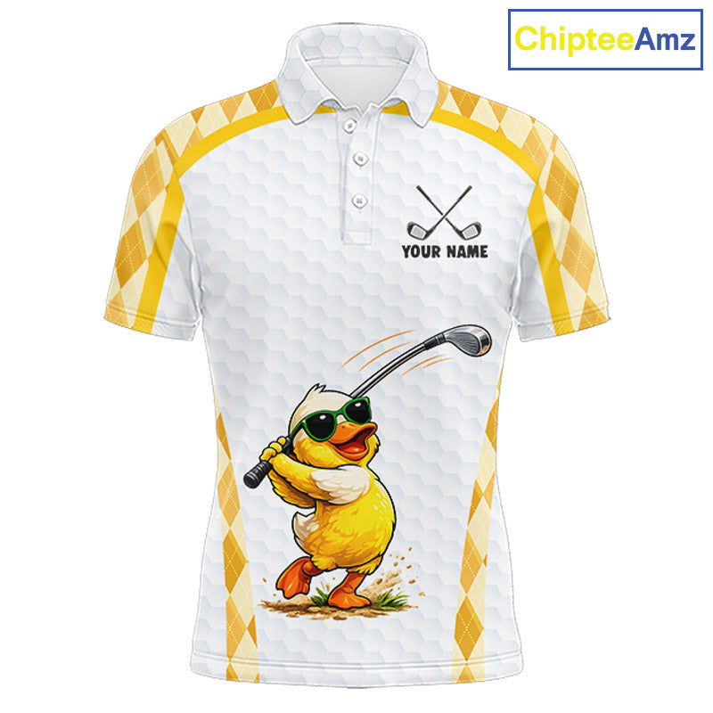 Custom Yellow & White Funny Duck Golf Shirt For Mens, Golf Jersey Argyle Pattern For Mens NHT559