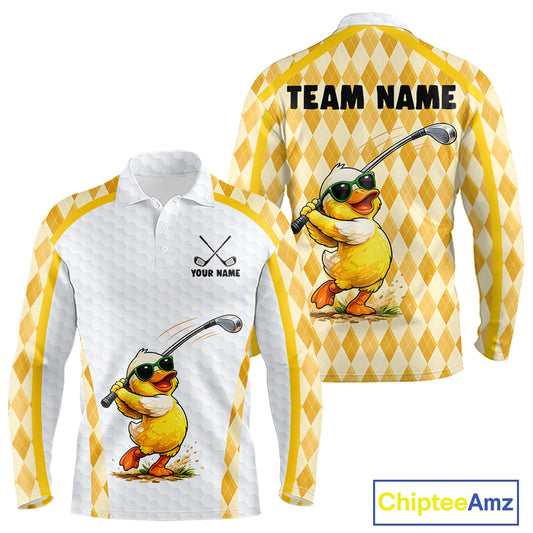 Custom Yellow & White Funny Duck Golf Shirt For Mens, Golf Jersey Argyle Pattern For Mens NHT559
