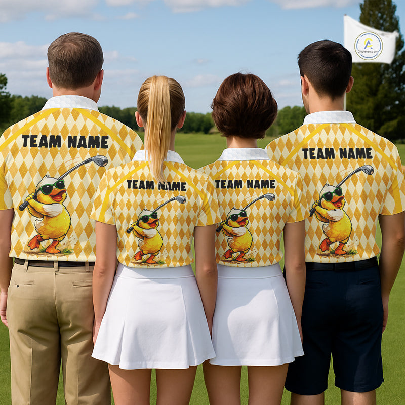 Custom Yellow & White Funny Duck Golf Shirt For Mens, Golf Jersey Argyle Pattern For Mens NHT559
