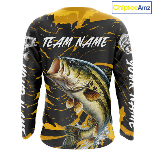 Custom Largemouth Bass Fishing Shirts Long Sleeve – Performance Tournament Jersey For Men| Yellow NHT770