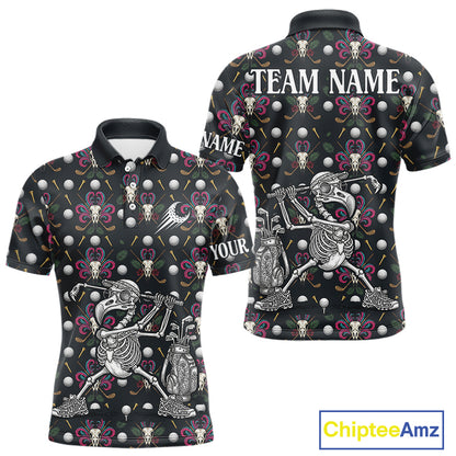 Dark Skull Golf Polo Shirt – Gothic Skeleton Flamingo Pattern Funny Golf Shirt For Men NHT781