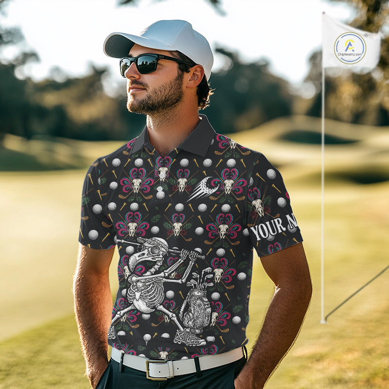 Dark Skull Golf Polo Shirt – Gothic Skeleton Flamingo Pattern Funny Golf Shirt For Men NHT781