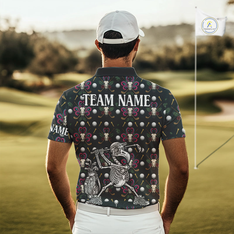 Dark Skull Golf Polo Shirt – Gothic Skeleton Flamingo Pattern Funny Golf Shirt For Men NHT781