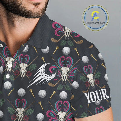Dark Skull Golf Polo Shirt – Gothic Skeleton Flamingo Pattern Funny Golf Shirt For Men NHT781