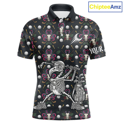 Dark Skull Golf Polo Shirt – Gothic Skeleton Flamingo Pattern Funny Golf Shirt For Men NHT781