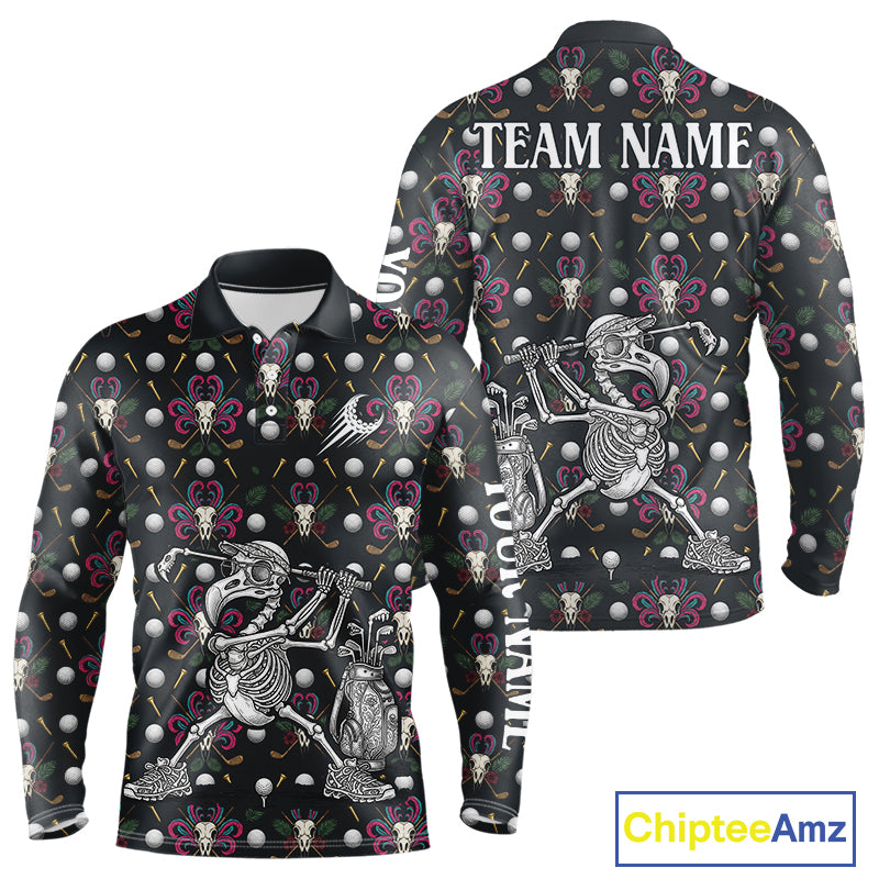 Dark Skull Golf Polo Shirt – Gothic Skeleton Flamingo Pattern Funny Golf Shirt For Men NHT781