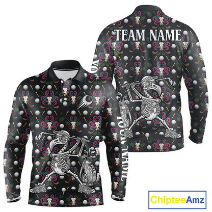 Dark Skull Golf Polo Shirt – Gothic Skeleton Flamingo Pattern Funny Golf Shirt For Men NHT781