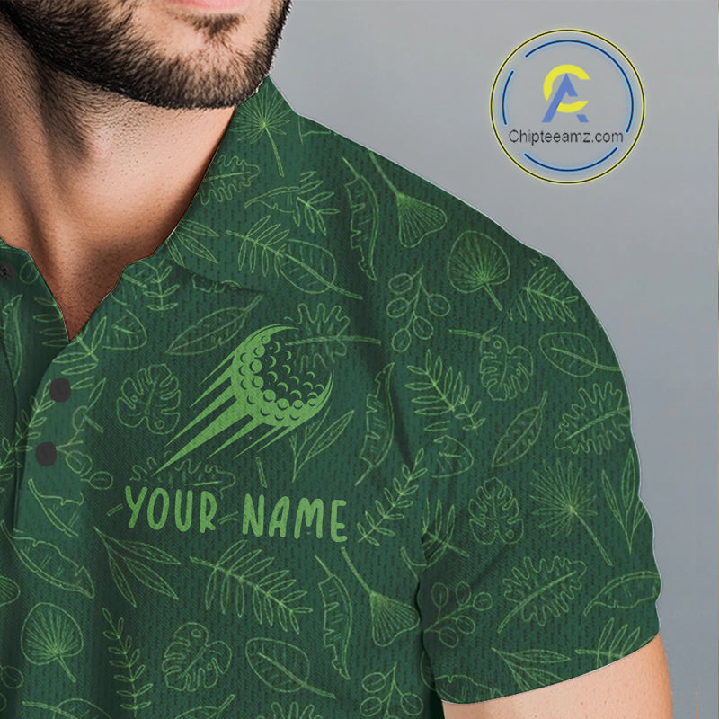 Personalized green leaf golf polo shirt for men with custom team name NHT938