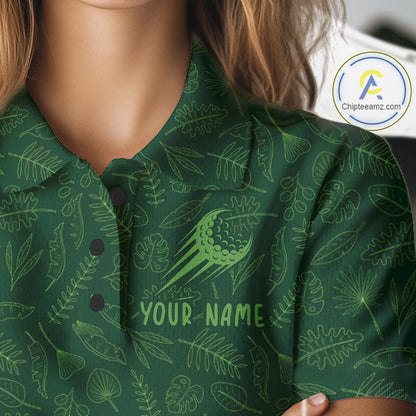 Personalized Green Leaf Golf Polo Shirt For Womens, Personalized Team Name Golf Tops NHT938
