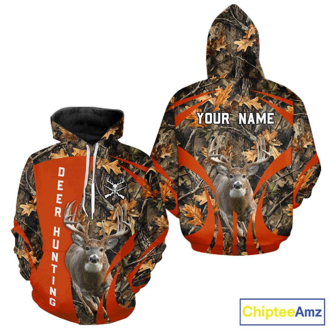 Deer Hunting 3D All Over Printed Orange Autumn Leaves Camo Shirts, Best Hunting Shirt NHT312