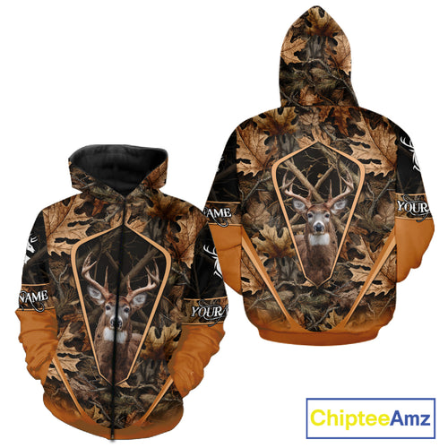 Personalized Whitetail Deer Hunting 3D All Over Printed Hoodie Brown Autumn Leaves Camo NHT314