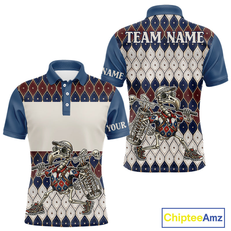 Custom Blue Red Argyle Mens Golf Polo Shirt Skull Flamingo Design, Personalized Team Name Shirt NHT794