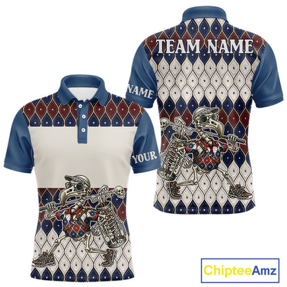 Custom Blue Red Argyle Mens Golf Polo Shirt Skull Flamingo Design, Personalized Team Name Shirt NHT794