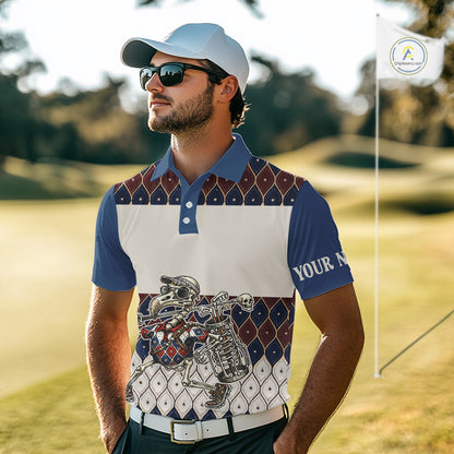 Custom Blue Red Argyle Mens Golf Polo Shirt Skull Flamingo Design, Personalized Team Name Shirt NHT794
